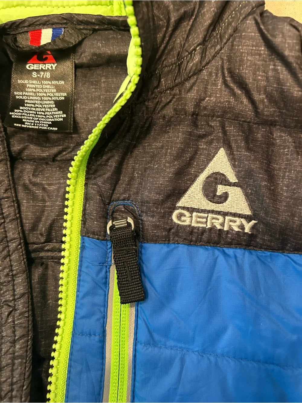 Gerry Boys Down Puffer Jacket Size 7/8 Small Blue Black Hooded 650 Fill Power